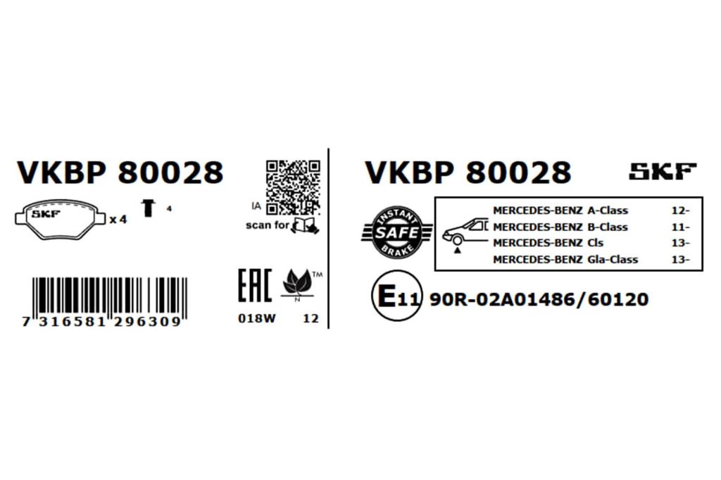 Jogo de 4 pastilhas de travão SKF ref. VKBP 80028